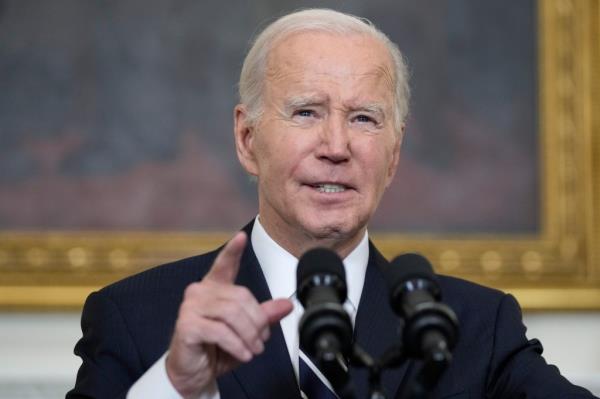 President Joe Biden speaks in the State Dining Room of the White House, Saturday, Oct. 7, 2023, in Washington.