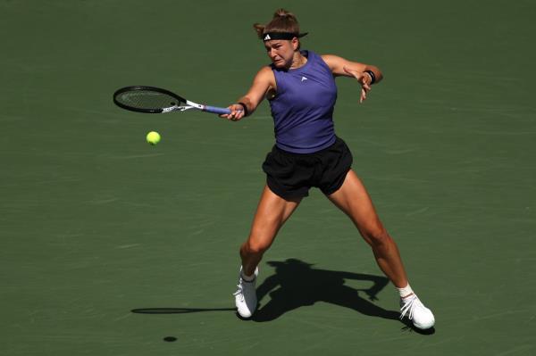 Karolina Muchova of Czech Republic returns a shot against Jasmine Paolini of Italy during their Women's Singles Fourth Round match on Day Eight of the 2024 US Open at USTA Billie Jean King National Tennis Center on September 02, 2024.