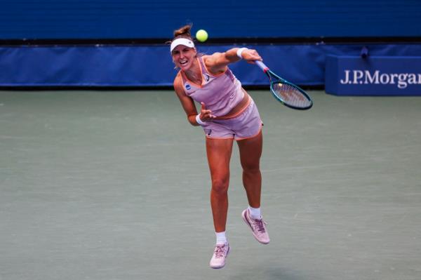 Beatriz Haddad Maia (BRZ) hits the ball against Caroline Wozniacki (DEN) (not pictured) on day eight of the 2024 U.S. Open tennis tournament at the USTA Billie Jean King National Tennis Center.