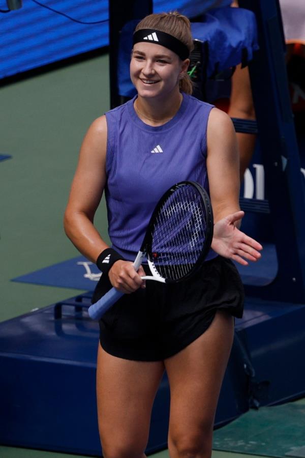 Karolina Muchova (CZE) celebrates after her match against Jasmine Piolini (ITA)(not pictured) in a women's singles match on day eight of the 2024 U.S. Open tennis tournament at USTA Billie Jean King National Tennis Center.
