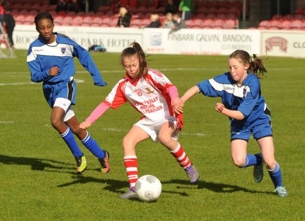 Ballygarvan's Eva Mangan on the attack against Castlemartyr at the Spar Schools 5-a-side blitz at Turners Cross. Pic: Des Barry
