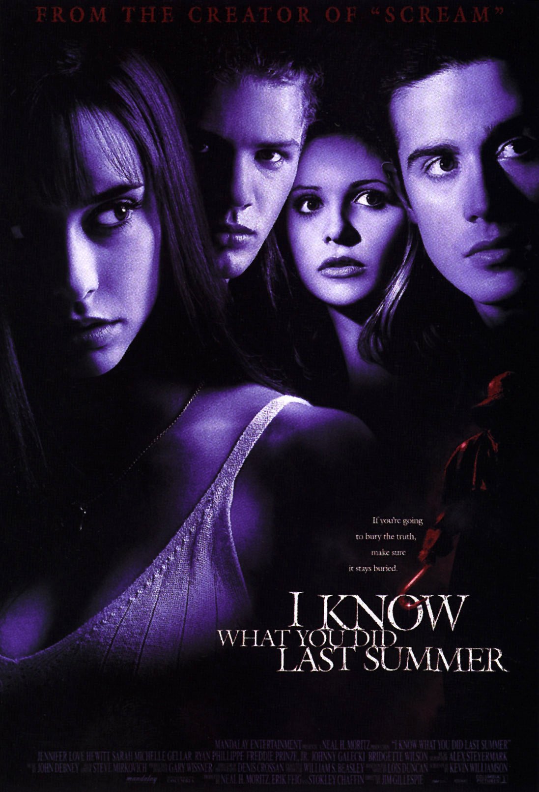 I Know What You Did Last Summer film poster with Freddie Prinze Jr, Jennifer Love Hewitt, Sarah Michelle Gellar, Ryan Phillippe