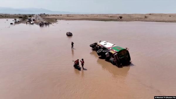 Drone footage shows flooding in Hodeidah Province, Yemen, Aug. 7, 2024, in this screengrab from a handout video. (Al Masirah TV/Reuters)