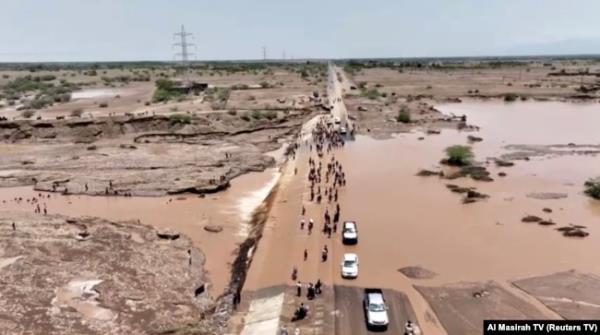 Drone footage from a handout video shows flood water in Hodeidah Province, Yemen, Aug. 7, 2024. (Al Masirah TV/Reuters)