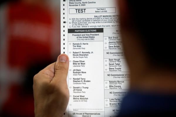 An election worker displays a test ballot listing the U.S. presidential candidates, including Robert F Kennedy Jr.