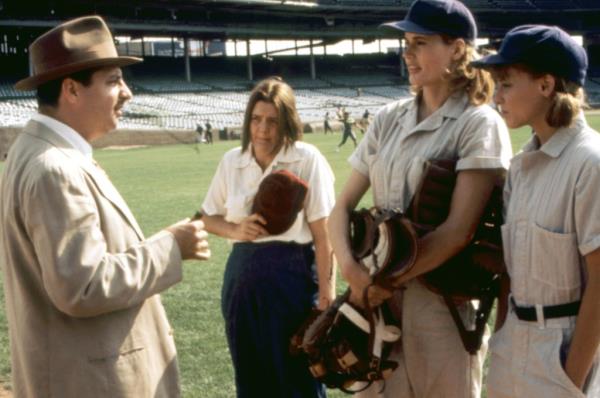 Jon Lovitz, Megan Cavanagh, Geena Davis, Lori Petty filming the 1992 classic.
