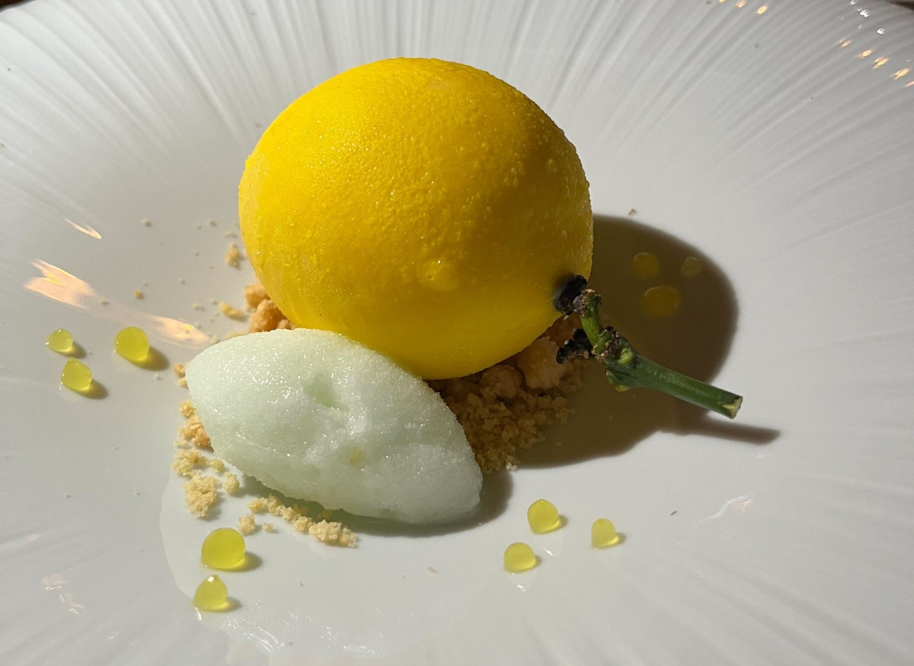 Lemon sorbet coated in white chocolate