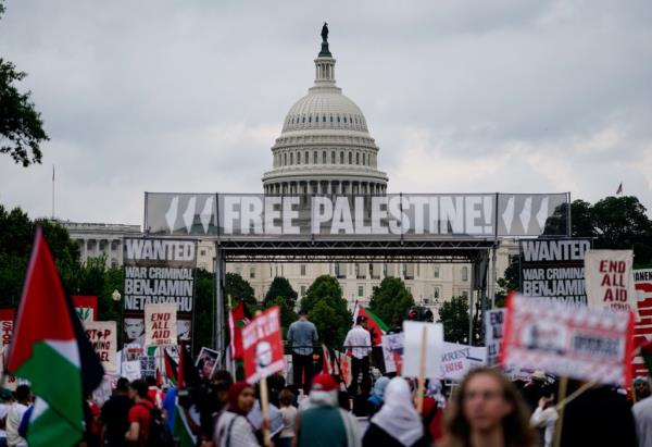 Pro-Palestinian demonstrators protesting near the US Capitol before Israeli Prime Minister Benjamin Netanyahu addresses a meeting of Congress, Washington, DC, July 24, 2024.