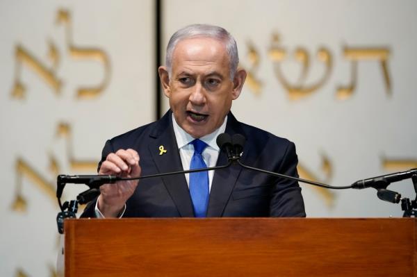 Israeli Prime Minister Benjamin Netanyahu seen speaking during an event.