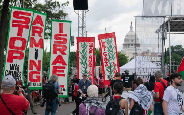 Pro-Palestinian demonstrators protesting near the US Capitol before Israeli Prime Minister Benjamin Netanyahu addresses a meeting of Congress, Washington, DC, July 24, 2024