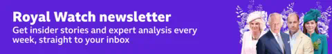 Thin, purple banner promoting the Royal Watch newsletter with text saying, “Get insider stories and expert analysis every week, straight to your inbox”.
There is also a graphic of Queen Camilla, King Charles, Prince William and Princess Catherine on a floral, white background.