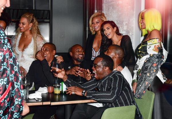 Beyonce, Jay-Z, Kanye West, Kim Kardashian, Diddy and Cassie Ventura at an afterparty for the 2016 VMAs