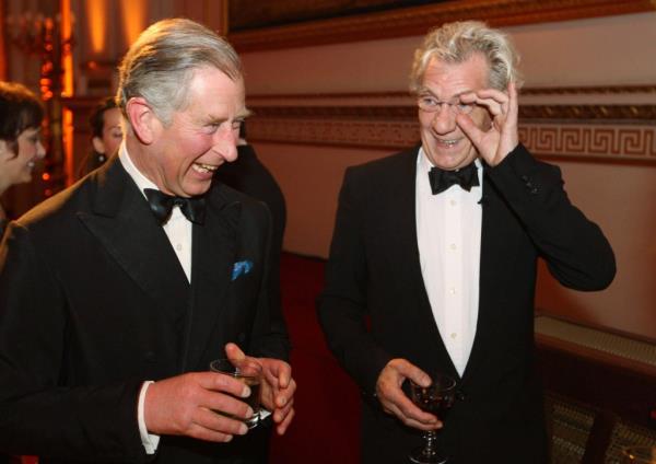 King Charles III laughs with actor Sir Ian McKellen at a gala dinner for supporters of The Prince's Foundation for Children and the Arts at Buckingham Palace on April 23, 2008 in London, England.