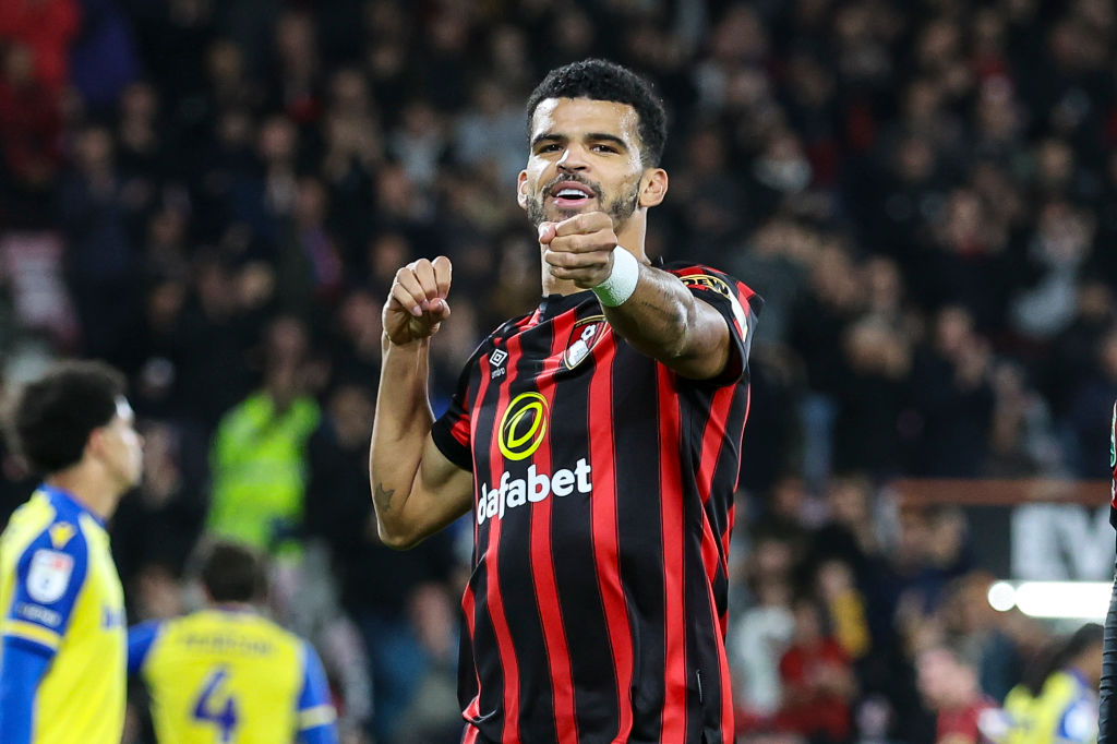 Dominic Solanke of Bournemouth celebrates after he scores a goal to make it 1-0during the Carabao Cup Third Round match between AFC Bournemouth and Stoke City 