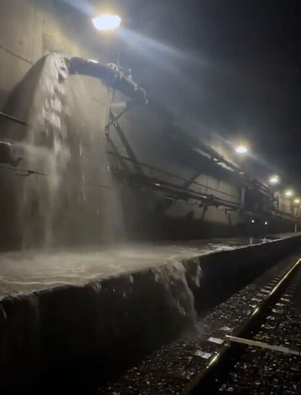 A pipe flooding the Eurostar tunnel near Ebbsfleet in Kent. Picture: Southeastern/Network Rail/PA Wire A pipe flooding the Eurostar tunnel near Ebbsfleet in Kent. Picture: Southeastern/Network Rail/PA Wire