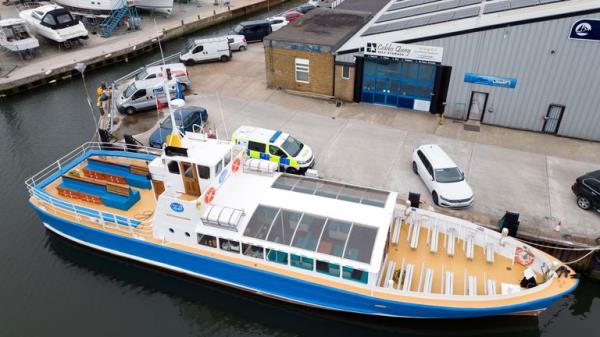 A cruise boat called the Dorset Belle which has been impounded at Cobb's Quay Marina in Poole, Dorset, after a 17-year-old-boy and a girl aged 12 sustained "critical injuries" on Wednesday, and later died in hospital following an incident off Bournemouth beach. Picture date: Friday June 2, 2023.