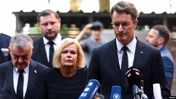 Interior Minister Nancy Faeser and Interior minister of the state of North Rhine-Westphalia Herbert Reul look on, during a media statement about a stabbing attack in Solingen, Germany, Aug. 24, 2024.