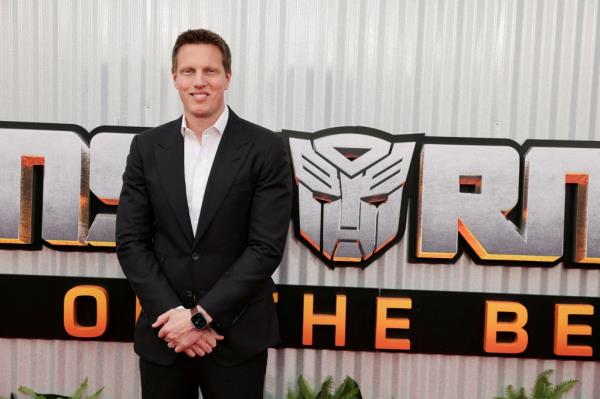 David Ellison in a suit attending the U.S. premiere of Transformers: Rise of the Beasts at Kings Theater in New York, June 5, 2023.