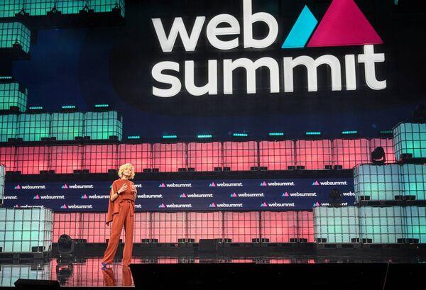 Katherine Maher, chief executive of Web Summit, delivers a speech on the opening day of the Web Summit in Lisbon.