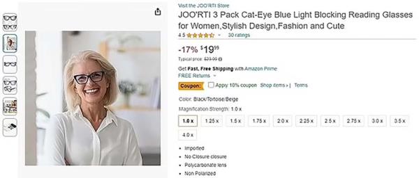 The woman identified as Martina Spencer is pictured in an ad for blue light reading glasses on Amazon.