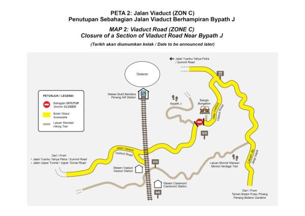 封闭高架路部分路段的地图。 — 地图由槟城山公司提供