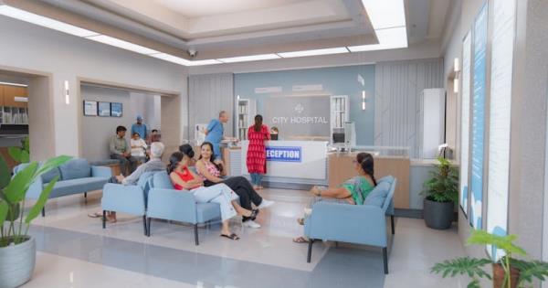 Patients waiting in modern, spacious hospital or clinic waiting room