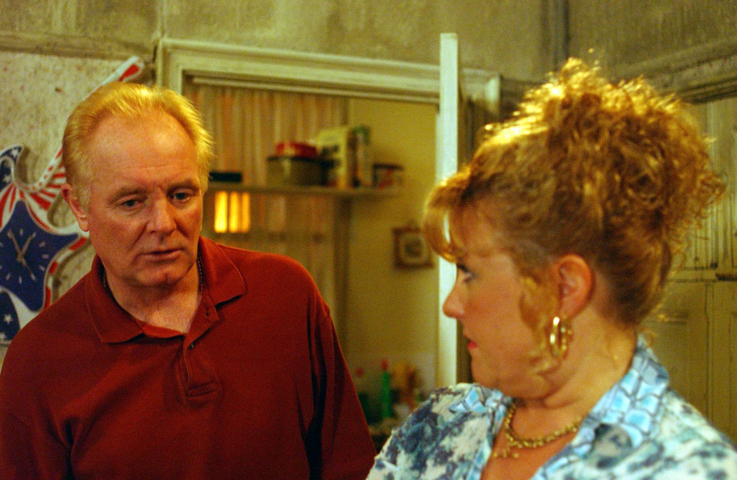 Les and Cilla look shifty at each other in Coronation Street