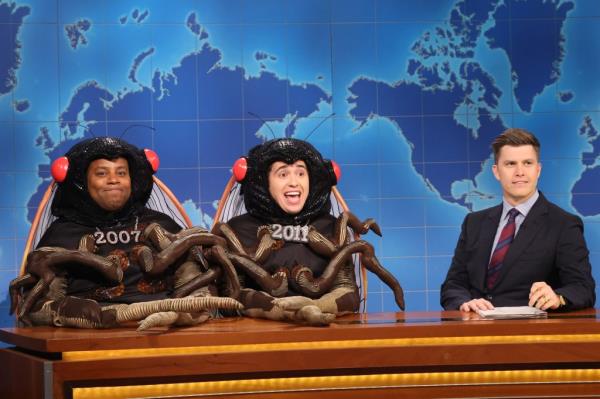 Kenan Thompson, Marcello Hernandez, and Colin Jost during Weekend Update on Saturday, May 18, 2024.