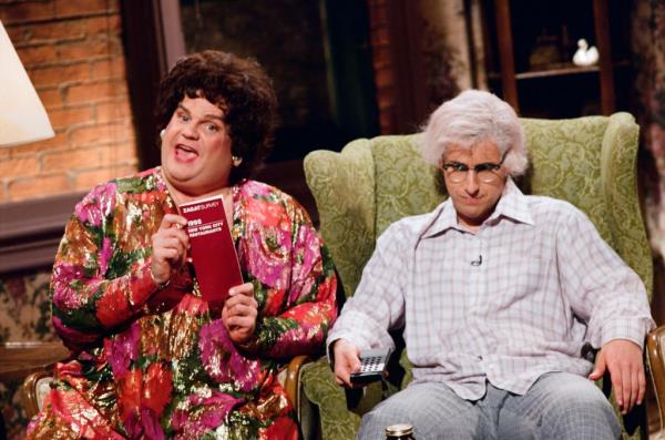 Chris Farley as Beverly Gelfand, Adam Sandler as Hank Gelfand during "Zagat's" skit on May 13, 1995.