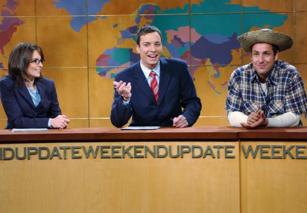 Tina Fey, Jimmy Fallon and Adam Sandler during "Weekend Update on November 16, 2002.