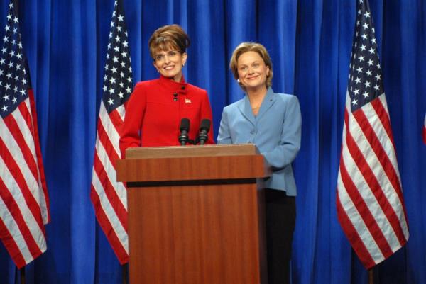 Tina Fey as Governor Sarah Palin, Amy Poehler as Senator Hillary Clinton during the 'A Nonpartisan Message From Sarah Palin & Hillary Clinton' skit on September 13, 2008.
