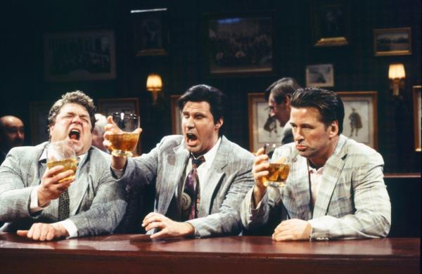 ulia Sweeney as lady, Chris Farley as Jake, Tim Meadows as bartender, Adam Sandler as patron during the 'Johnny Letter' skit on December 7, 1991