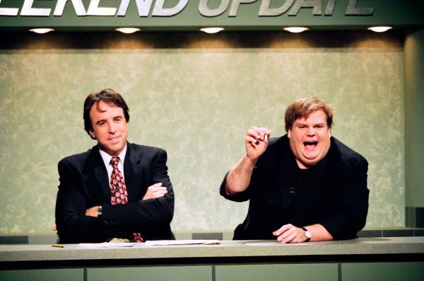 Kevin Nealon, Chris Farley during the 'Weekend Update' skit on May 14, 1994.