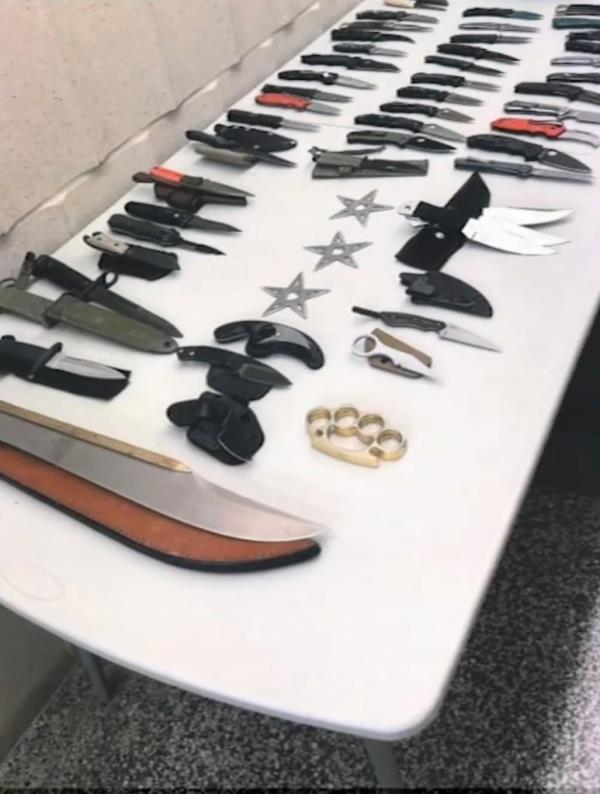 Totowa police found dozens of knives, ninja stars and brass knuckles.