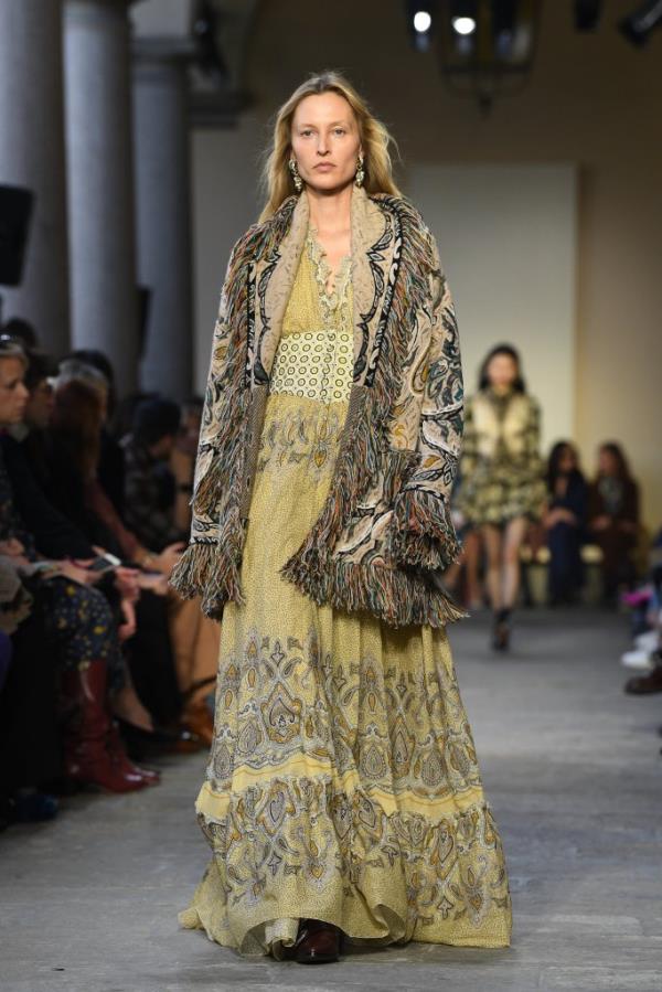 Model Liisa Winkler walking on the runway at the Etro show during Milan Fashion Week Autumn/Winter 2019/20