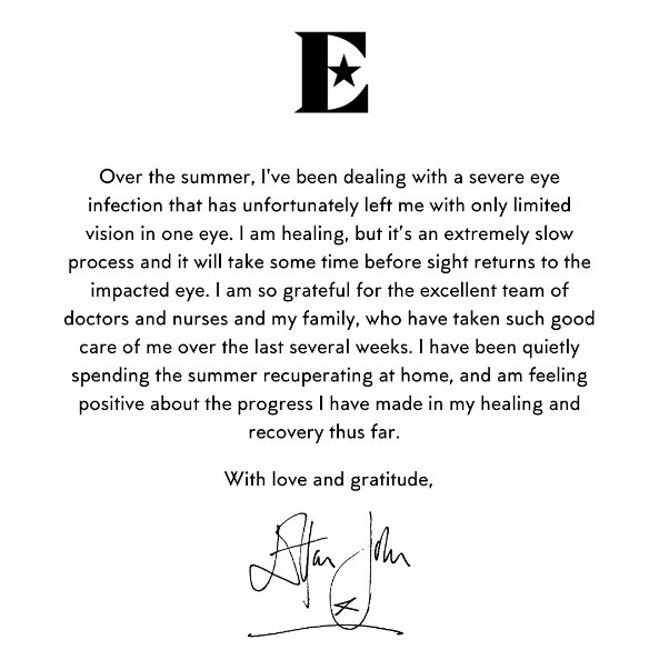 Sir Elton John eye infection announcement Instagram