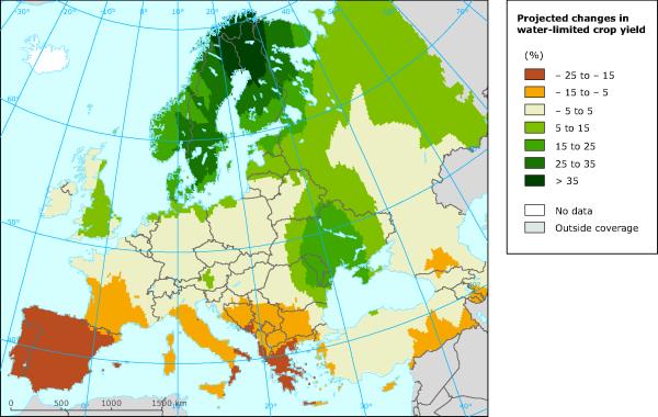 Enlarged view: Map of expected yield changes due to water availability in 2050, with high proportions in green and low proportions in orange