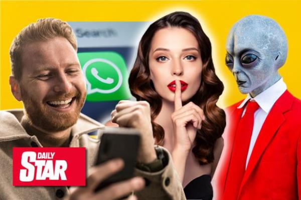 A man laughing at his phone, a sassy womanm the whatsapp logo and an alien in a suit