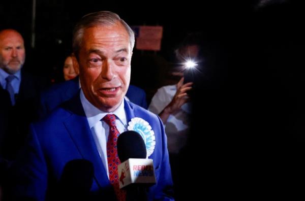 Britain's Reform UK Party Leader Nigel Farage speaks to the media after winning his first seat in parliament during the UK election in Clacton-on-Sea, Britain, July 5, 2024.