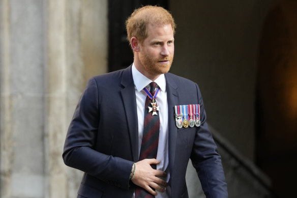 Britain’s Prince Harry leaves after attending an Invictus Games Foundation 10th Anniversary Service of Thanksgiving at St Paul’s Cathedral in London.