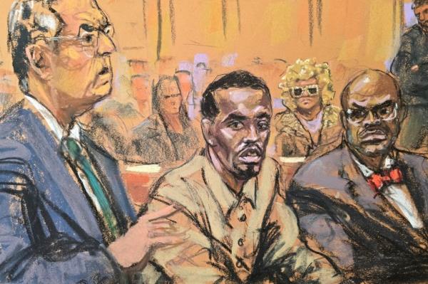 A courtroom sketch of Combs with his lawyers