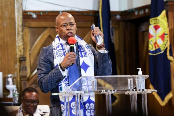 New York City Mayor Eric Adams speaks while attending an event to mark the 25th anniversary of the Emmanuel Presbyterian Reformed Church in the Bronx on Sept. 29, 2024.