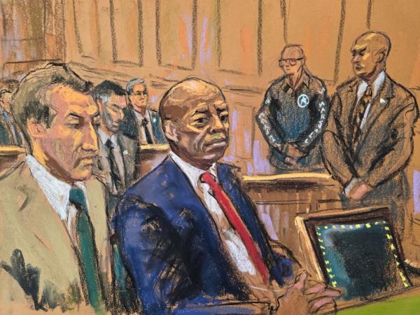 Court sketch: Adams sits in federal court beside his lawyer Alex Spiro on Sept. 27, 2024.