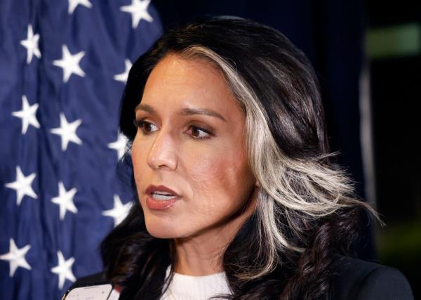 Former Democratic Rep. Tulsi Gabbard speaking during an interview after attending 'Reclaim America Tour' campaign event with Robert F. Kennedy Jr. in Las Vegas, 2024