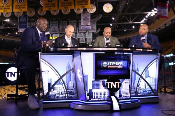 Shaquille O'Neal, Charles Barkley, Kenny Smith, and Ernie Johnson are seen before the game between the Boston Celtics and the Cleveland Cavaliers in Game 2 of the Eastern Conference Finals during the 2017 NBA Playoffs on May 19, 2017 at the TD Garden in Boston, Massachusetts.