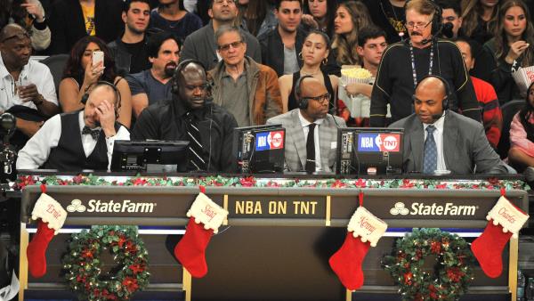 Ernie Johnson Jr., Shaquille O'Neal, Kenny Smith and Charles Barkley call a basketball game between the Los Angeles Lakers and the Minnesota Timberwolves at Staples Center on December 25, 2017 in Los Angeles, California.