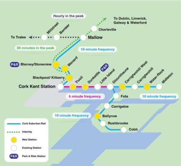 A map showing the proposed locations of stations on the proposed Cork Commuter Rail network. A map showing the proposed locations of stations on the proposed Cork Commuter Rail network.