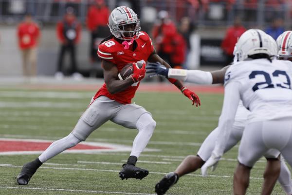 Ohio State receiver Marvin Harrison Jr. was dominant in the win over Penn State on Saturday, Oct. 21, 2023, in Columbus, Ohio. (AP Photo/Jay LaPrete)