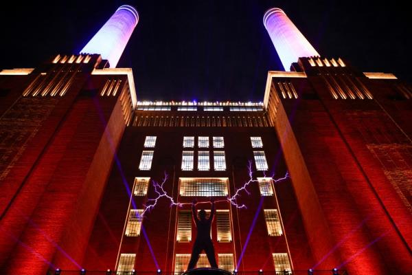 A light show outside London's Battersea Power Station.