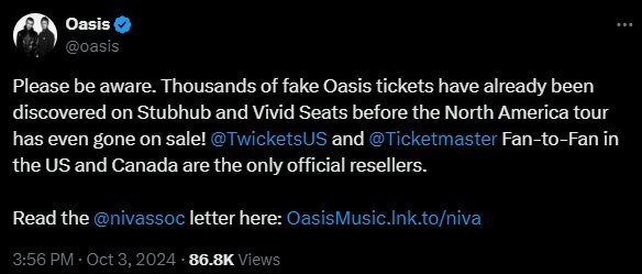 Oasis warning to fans on X